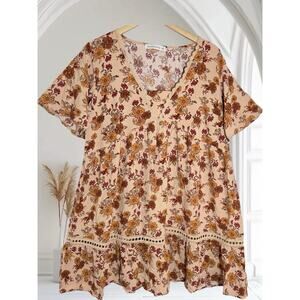 Rusttydustty Dress Sz 0XL Midi Floral Bohemian with Lace Trim Flutter Sleeves